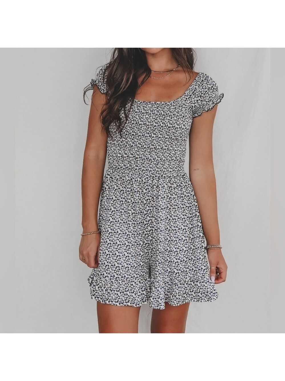 Patterned Jumpsuit with Cap Sleeves and Square Neckline